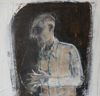Fremder I, 2019, Collage, Wachs, Teer, 30 x 30 cm